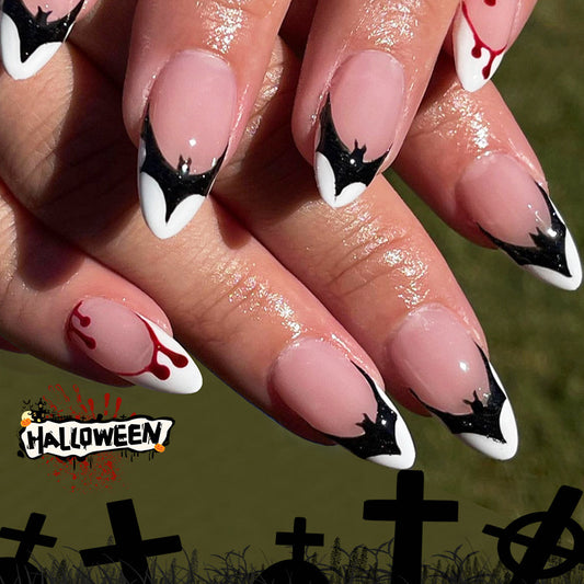 Halloween Inspired Long Almond Black and White Bat Design Press On Nail Set with Blood Drip Accents