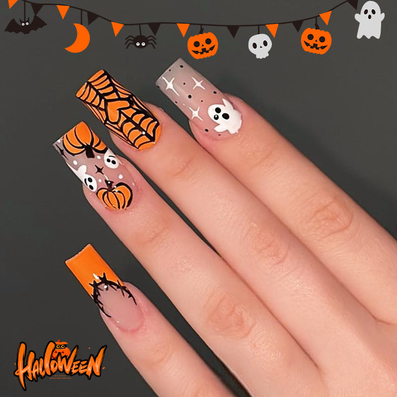 Spooky Vibes Medium Square Orange and Transparent With Halloween-Themed Designs Press On Nail Set