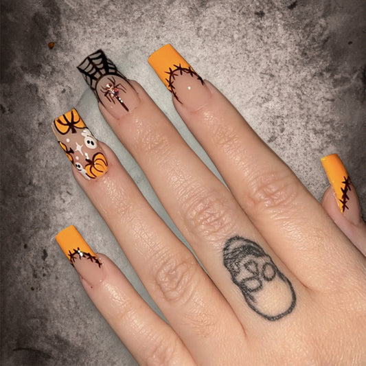 Spooky Elegance Medium Square Bright Orange with Halloween-Inspired Spider and Pumpkin Design Press-on Nail Set