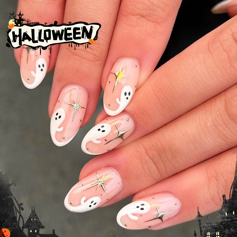 Halloween Long Almond White and Translucent Ghost Press On Nail Set with Glitter Accents