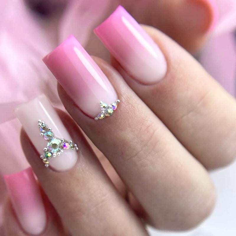 Whimsical Romance Extra Long Square Pink Gradient Press On Nail Set with Gemstone Accent
