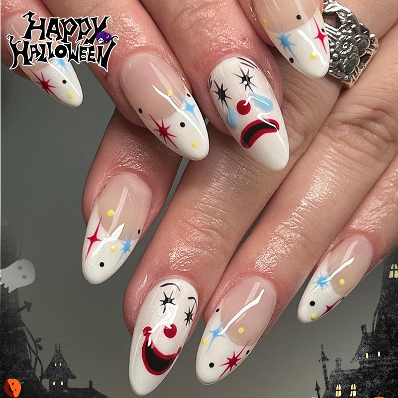 Spooky Clown Design Long Almond White and Colorful Press On Nail Set with Unique Halloween Artwork