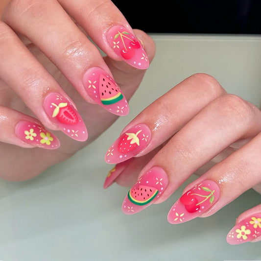 Fruity Delight Long Almond Pink Press On Nail Set with Colorful Fruit Design