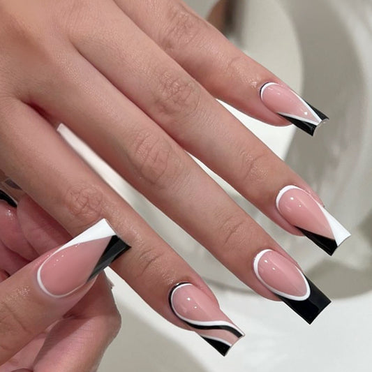 Modern Chic Long Square Shape Beige and Black Press On Nails with Stylish White Geometric Accents
