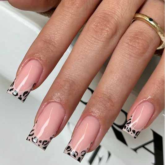 Savannah Chic Long Square Pink Press On Nails with Leopard Print Tips and Sparkling Accents
