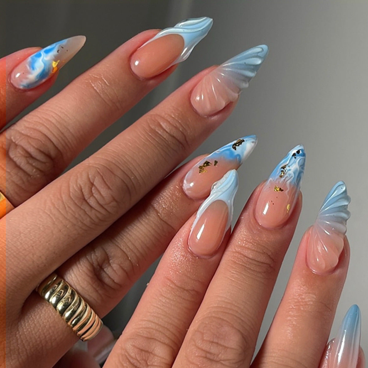 Ocean Breeze Artistic Medium Almond Blue Marble Press On Nail Set with Elegant Gold Accents