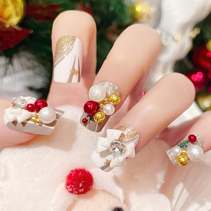 Festive Charm Medium Square White and Gold Press-On Nail Set with Elegant Holiday Embellishments