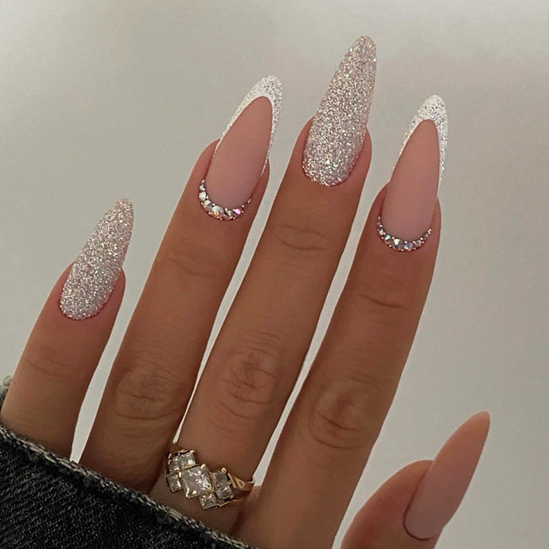 Glamorous Fantasy Extra Long Oval Shimmering Pink Glitter Accent with Sparkling Rhinestones Press On Nail Set