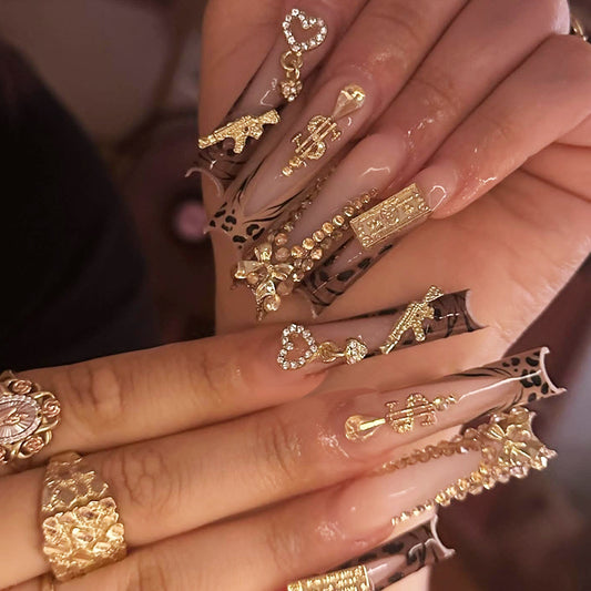 Glamorous Luxury Extra Long Square Nails in Beige with Glittering Charms and Gold Accents
