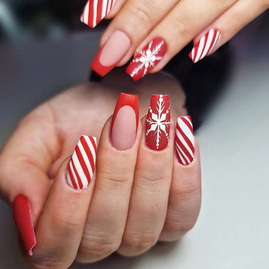 Festive Winter Wonderland Medium Square Red with Candy Cane Stripes and Snowflake Design Press On Nail Set