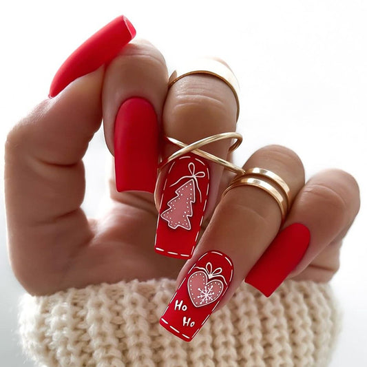 Festive Flare Long Square Red Nail Set with Holiday Icons
