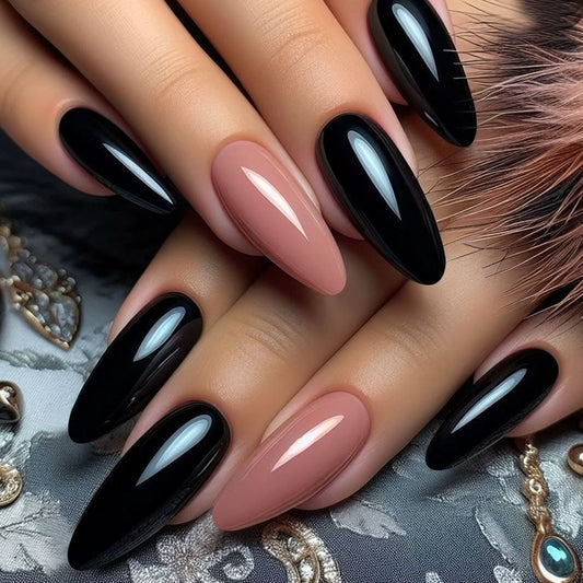 Gothic Elegance Long Almond Shaped Black and Beige Press On Nail Set with Glossy Finish