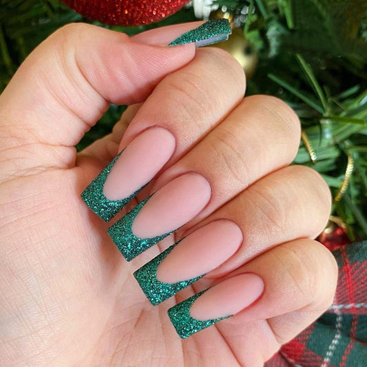 Festive Sparkle Long Square Green Glitter Tip Press On Nail Set