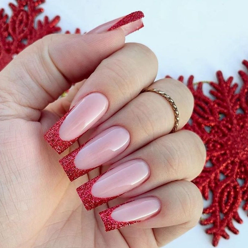 Festive Elegance Long Square Red Glitter Tip Press On Nail Set
