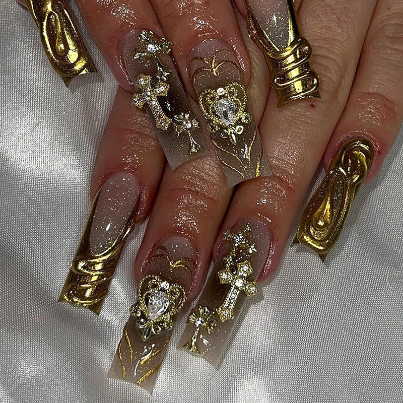 Heavenly Elegance Long Square Beige and Gold Press On Nail Set with Exquisite Jewelry Accents