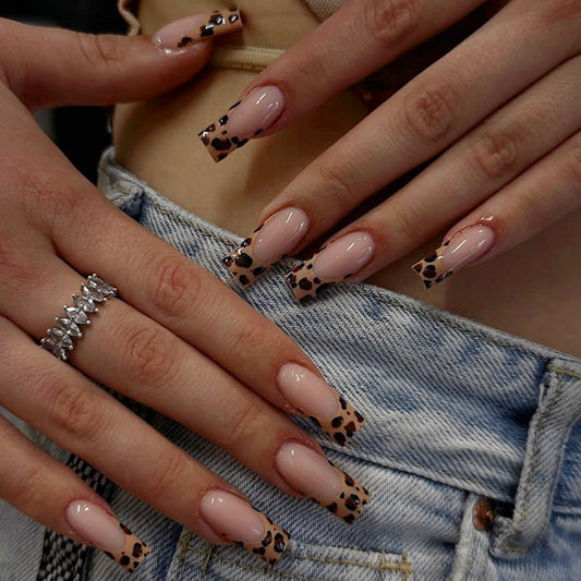 Wild Safari Long Square Beige and Leopard Print Press On Nail Set with Rhinestone Accent