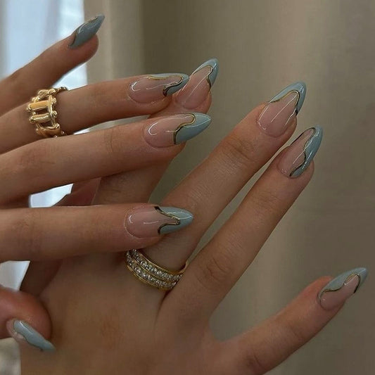 Celestial Elegance Long Almond Shaped Sky Blue Press-On Nails with Chic Gold Accent