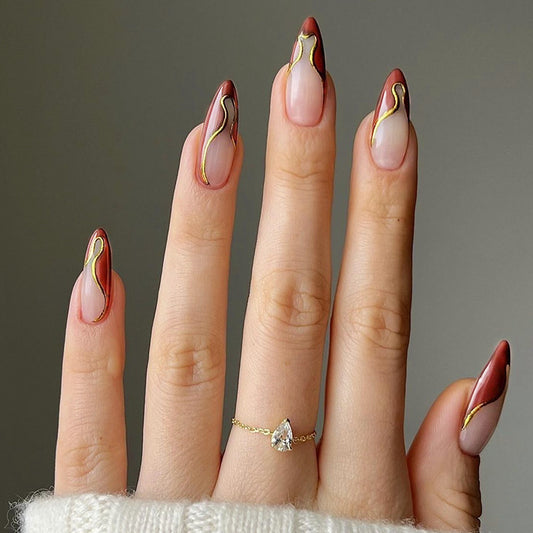 Elegant Flare Long Almond Burgundy with Gold Swirl Accent Nail Set