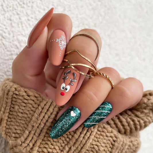 Festive Glamour Long Almond Shape Matte Ginger Peach and Sparkling Emerald with Holiday Reindeer Design Press On Nail Set