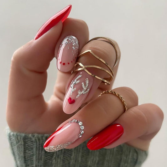 Romantic Blooming Elegance Medium Almond Shaped Pink and Red Nail Set with Glittering Heart and Floral Accents