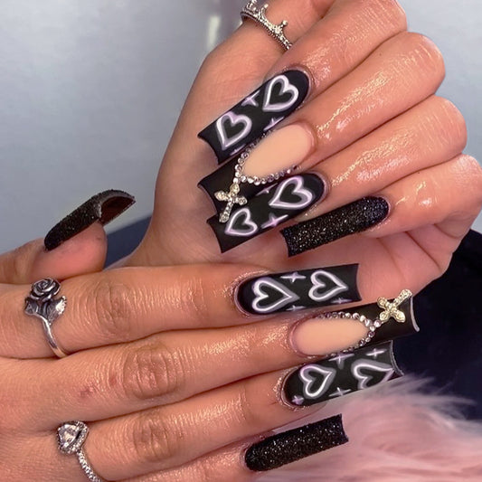Gothic Romance Extra Long Square Glossy Black Nails with Heart Designs and Sparkling Accents