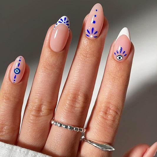 Bohemian Elegance Medium Almond Beige with Blue Detailing Press-On Nail Set