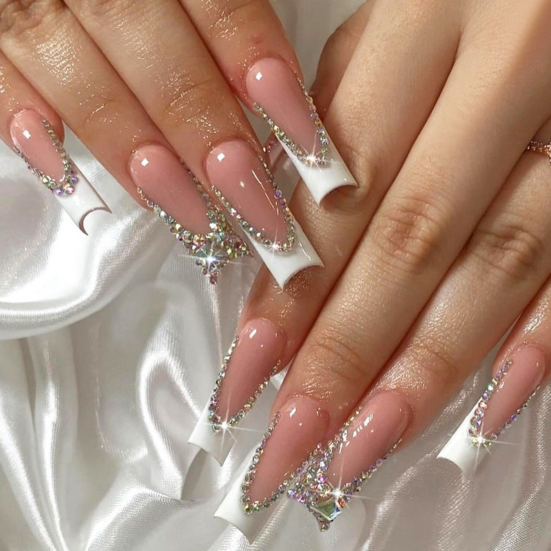 Glamorous Elegance Long Square Shape Blush Pink with Dazzling Rhinestone Accents Press On Nail Set