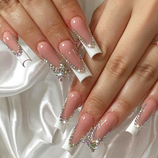 Glamorous Elegance Long Square Shape Blush Pink with Dazzling Rhinestone Accents Press On Nail Set