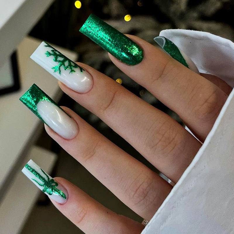 Festive Green Sparkle Long Square Press-On Nail Set with Glitter Finish and Artistic Design