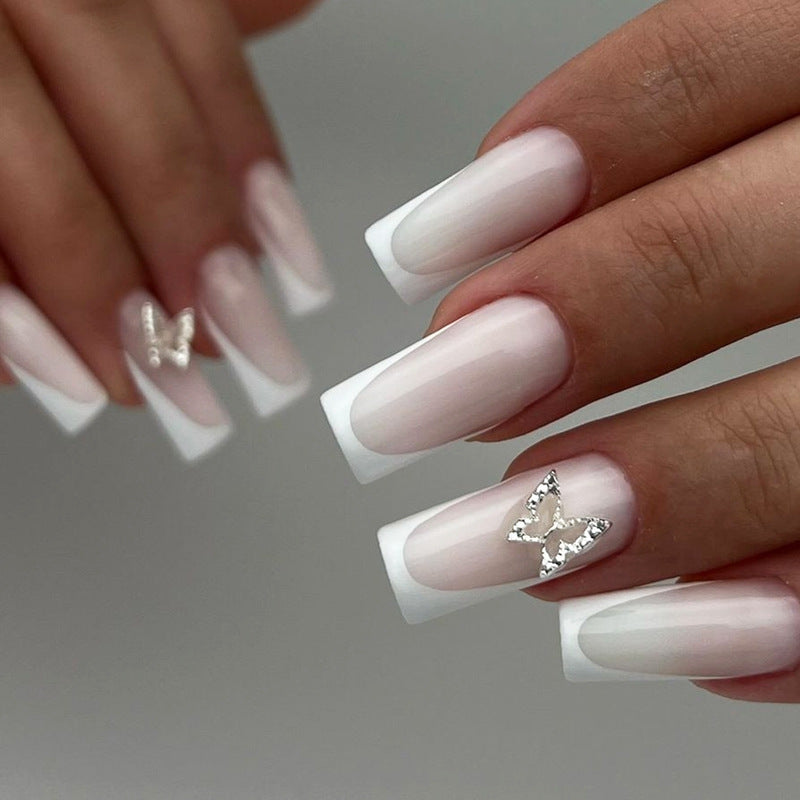 Enchanted Butterfly White Ombre Long Square Press On Nail Set with Rhinestone Accent