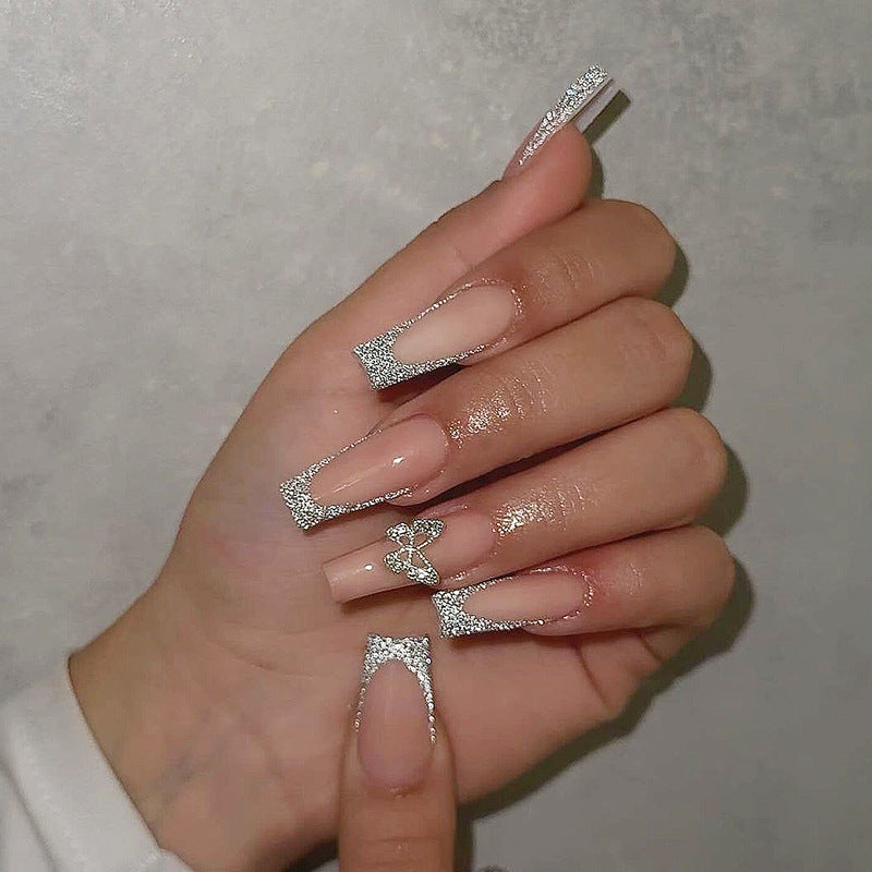 Glamorous Elegance Long Square Beige with Silver Glitter Accent and Charming Butterfly Detail Press On Nail Set