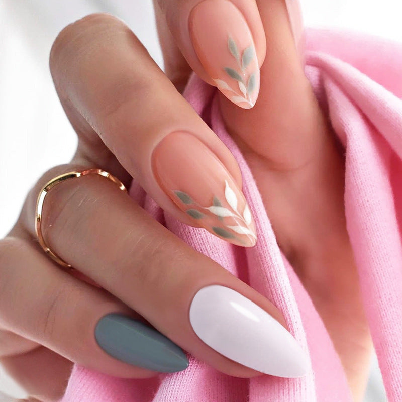 Elegant Garden Dream Premium Medium Almond Shaped Soft Pink and Green Press On Nail Set with Artistic Leaf Design