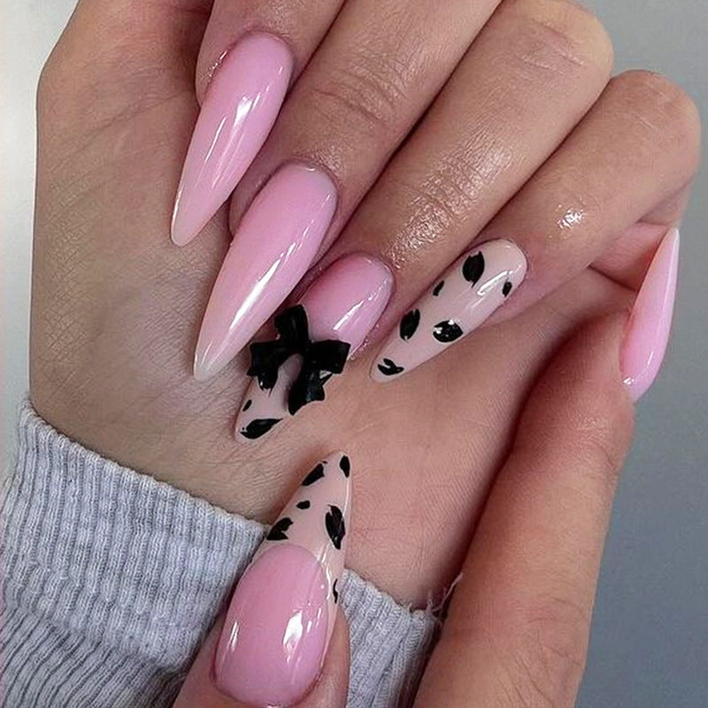 Chic Glamour Long Almond Pink Press On Nail Set with Bow and Spot Design