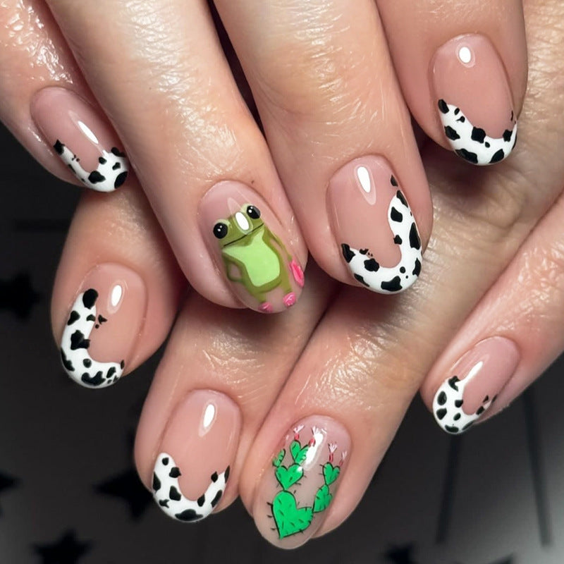 Froggy Delight Medium Short Round Clear with Playful Cow Print and Charming Cactus Design Press-On Nail Set