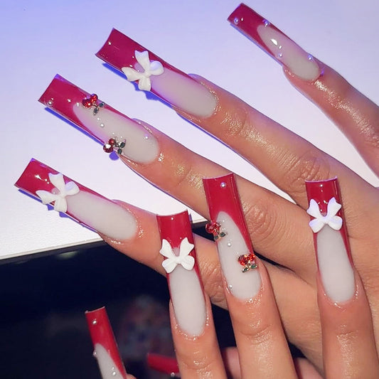 Charming Blossom Fantasy Long Square Red and Clear Ombre Press on Nail Set with Floral Decorations