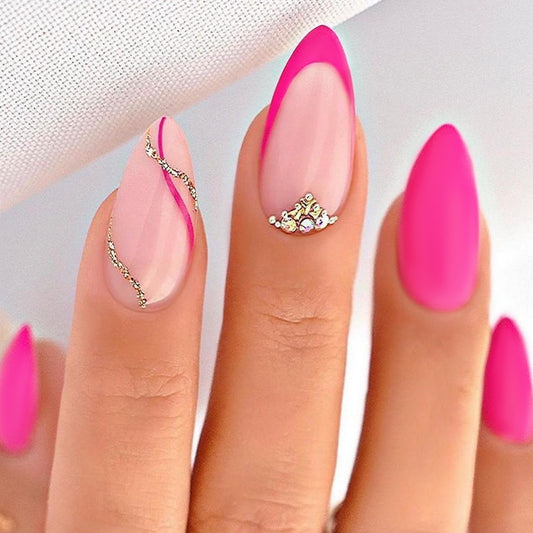 Chic Elegance Medium Almond Pink Press On Nail Set with Glamorous Gem Accents and Stylish Swirls