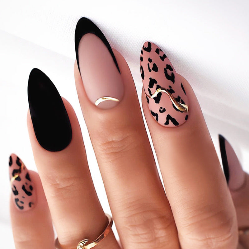 Savage Chic Medium Almond Shape Black and Pink with Gold Accent Press On Nail Set