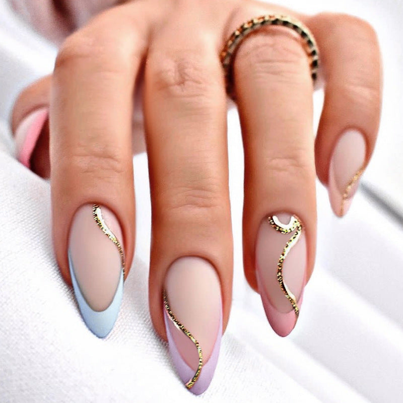 Glamorous Elegance Short Almond Gradient Pastel with Golden Curved Accent Press On Nail Set