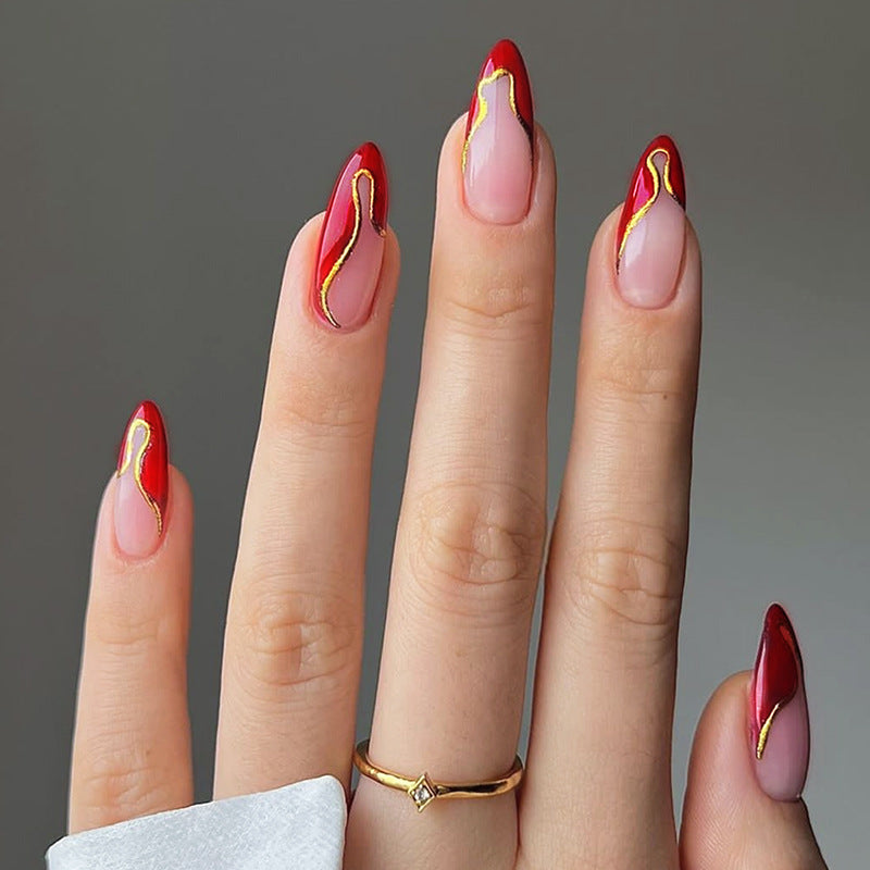 Fiery Elegance Long Almond Shaped Red and Clear Press On Nails with Gold Accent Design