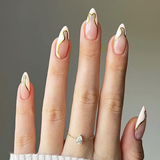 Elegant Enchantment Long Almond Beige and White Press on Nails with Golden Swirl Accent