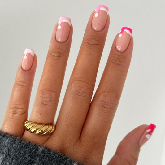 Whimsical Blossom Short Square Pink Ombre Press On Nail Set with Unique White Lace Detail
