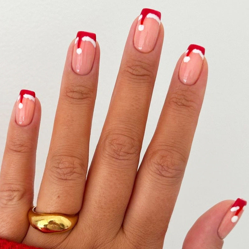 Festive Charm Short Square Red and White French Tip Press On Nail Set with Elegant Dots Decoration