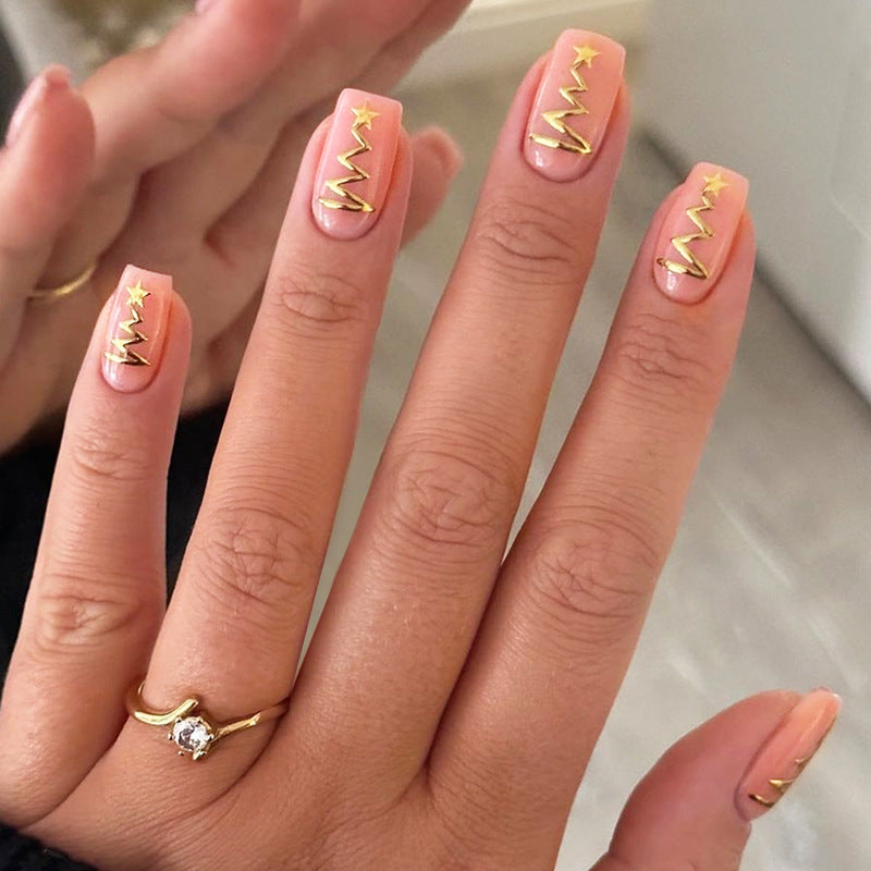 Festive Elegance Medium Square Shaped Light Pink Press on Nail Set with Gold Star Accents