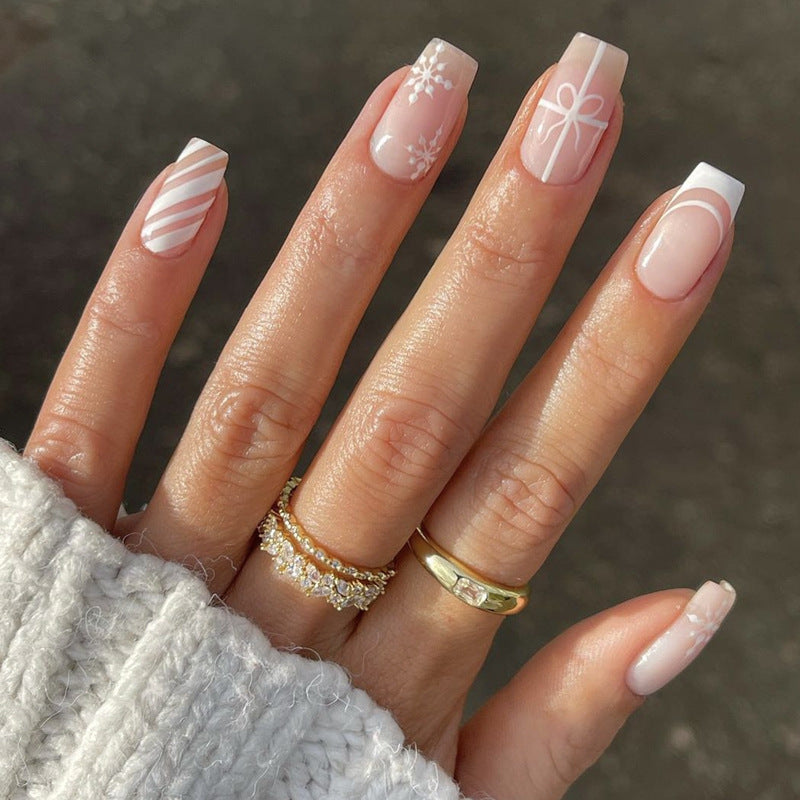 Winter Wonderland Elegant Short Square Glossy Pink Nail Set with Charming Snowflake and Gift Designs