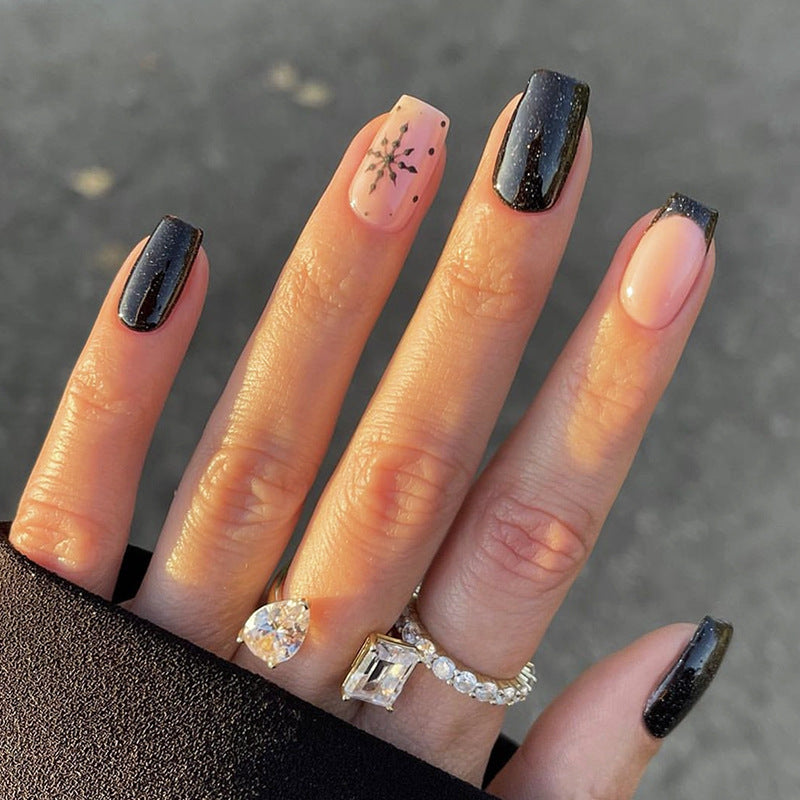 Cosmic Glamour Short Square Black and Pink Press On Nail Set with Starry Accents