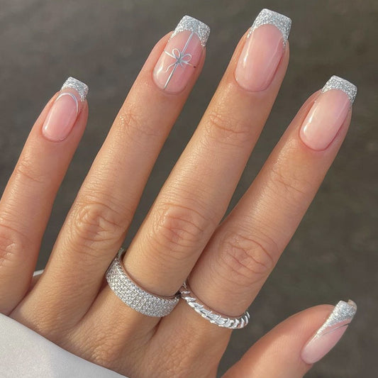 Charming Elegance Short Square Length Clear Pink Design With Sparkling Silver Tips Press On Nail Set