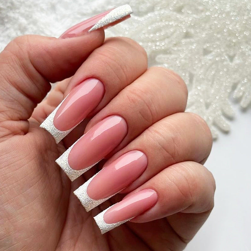 Elegant Ice Dream Long Square Pink and Silver Glitter French Press On Nail Set