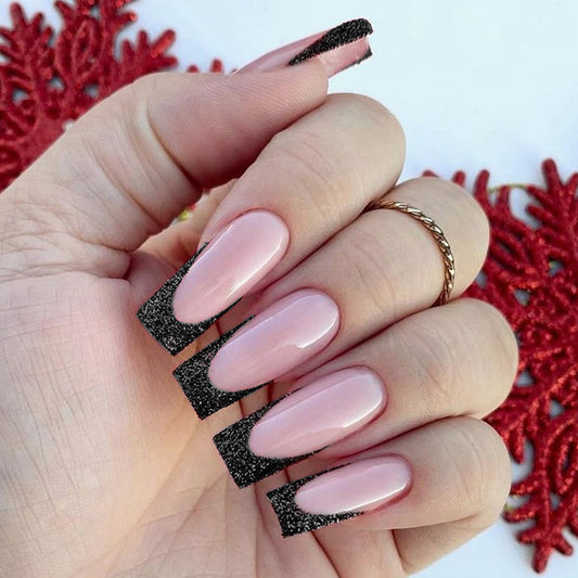 Glamorous Chic Press On Nail Set Long Square Shape Pink with Glittering Black Tips