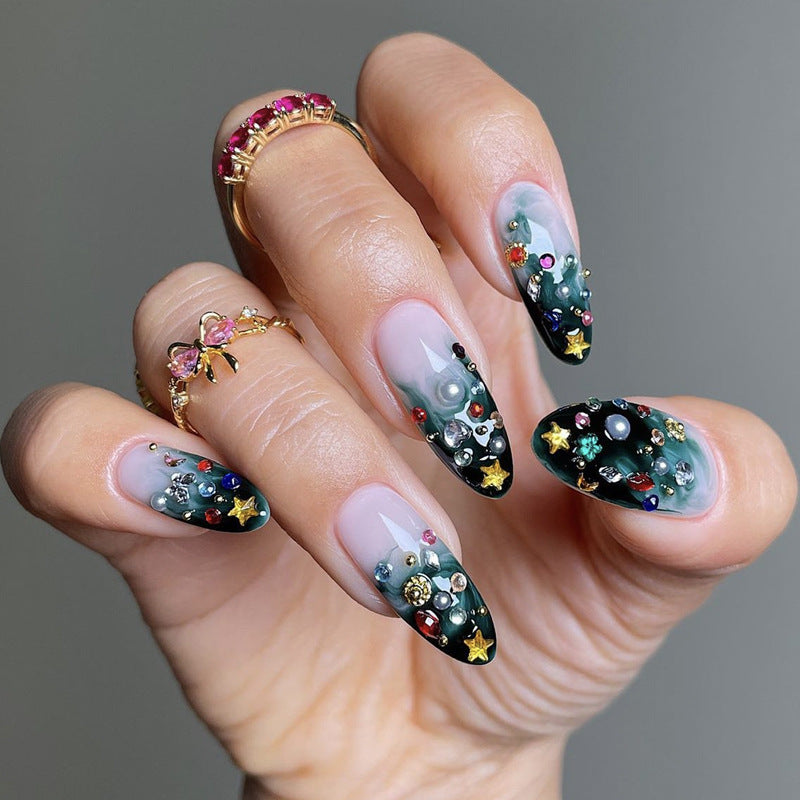 Glamorous Garden Inspired Long Almond Shaped Deep Green Nails with Dazzling Gemstone Accents