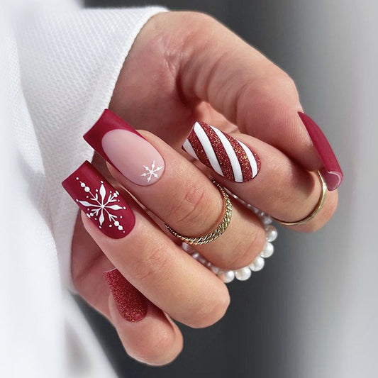 Festive Winter Wonderland Medium Square Burgundy and White Nail Set with Glitter and Snowflake Design